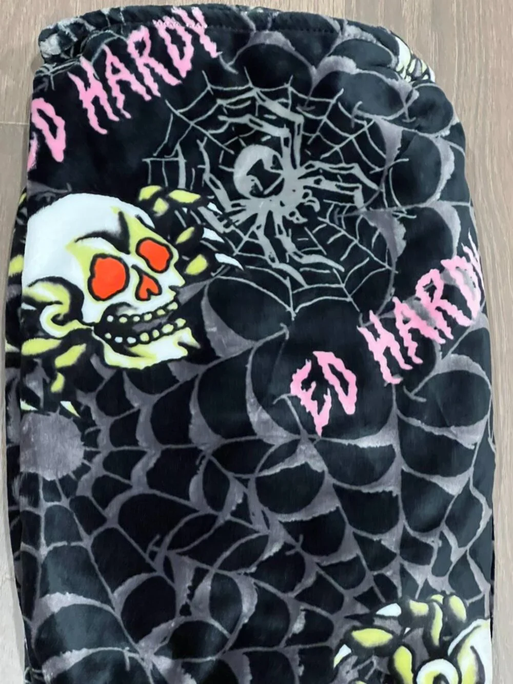 ED HARDY Black Plush Throw Blanket 60x70 Y2K Tattoo Spiderweb Skulls Halloween